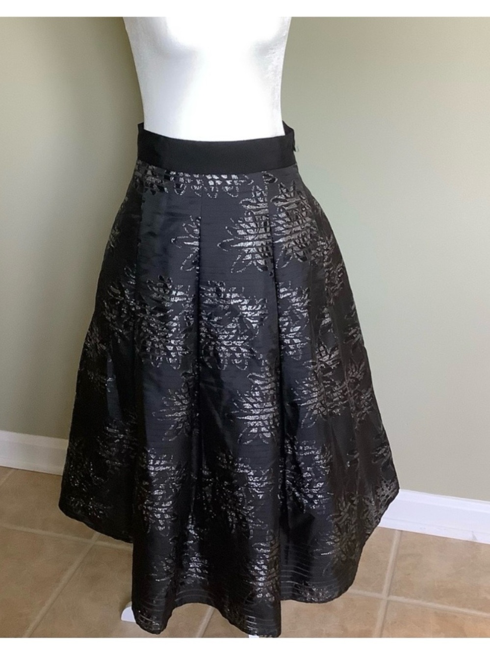 White House Black Market Black Metallic Floral Midi Skirt